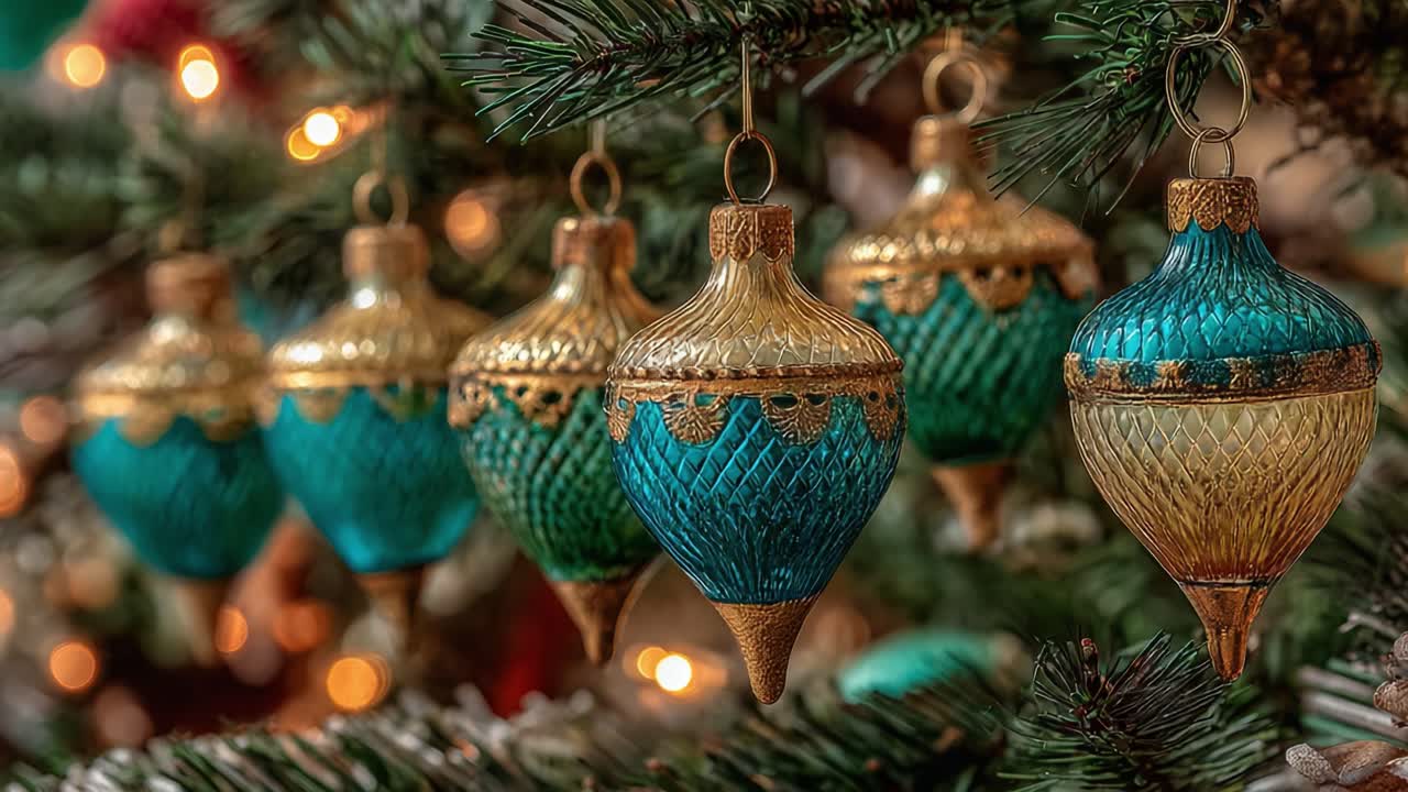 A Beautiful Collection of Decorative Ornaments Hanging on a Christmas Tree, Shimmering in Festive Colors and Illuminated by Glowing Lights in a Cozy Holiday Atmosphere