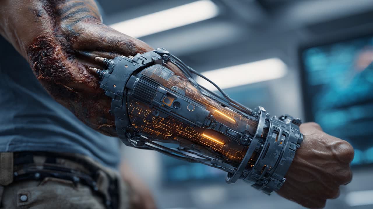 A close-up view of a cybernetic arm showcasing intricate mechanics and glowing elements, highlighting advanced technology and the fusion of flesh and machinery