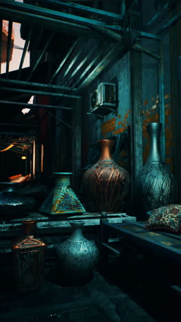 a dimly lit shop in a middle eastern alley, full of pottery and decorative items.