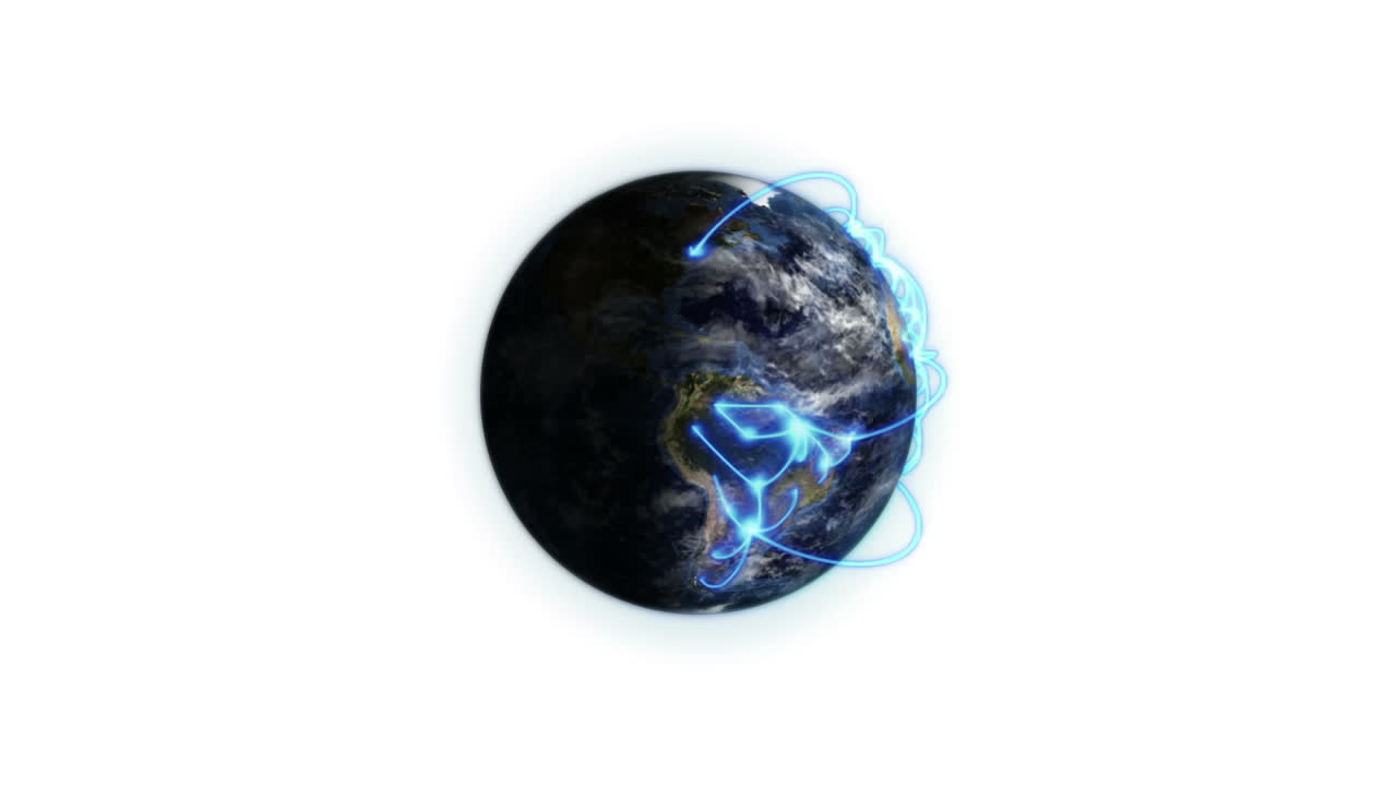 zoom de la tierra con conexiones azules y nubes en movimiento, imagen de nasa.org.