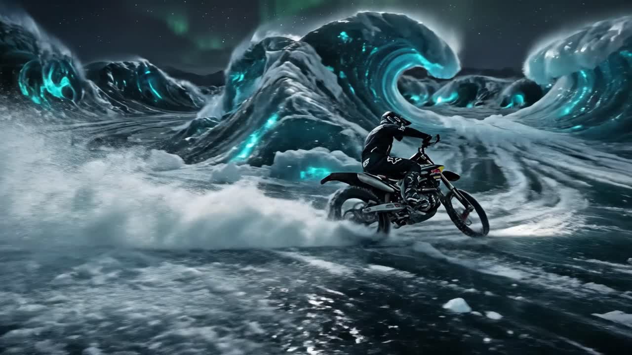 Pilota di dirt bike che naviga attraverso gigantesche onde di ghiaccio luminose sotto l'aurora