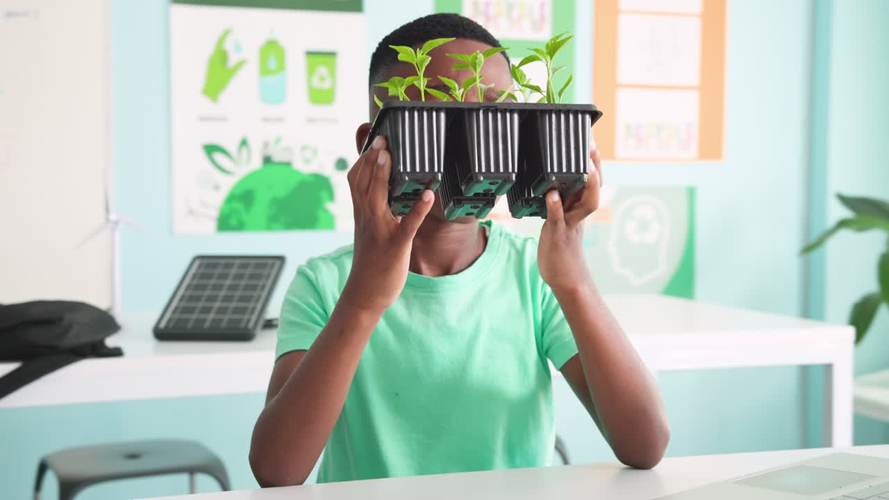 Student is lifting seedling tray and is tilting it to inspect seedlings at desk in classroom
