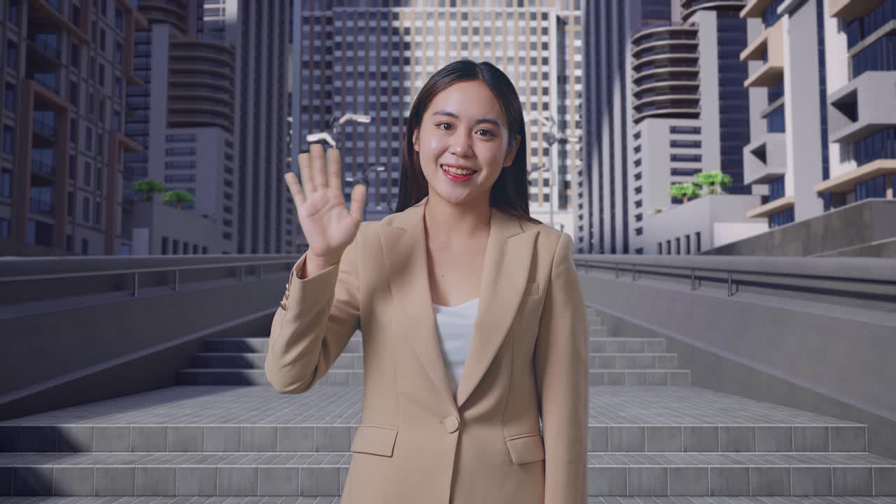 una mujer de negocios asiática agitando la mano y sonriendo mientras estaba de pie en la calle de la ciudad
