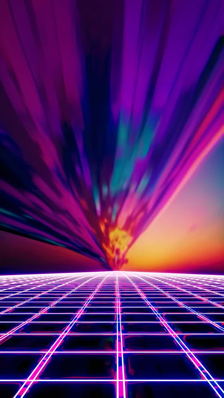 Concept video futuristico con visuale dal basso di una griglia al neon che si estende fino a un cielo al tramonto dai colori vivaci