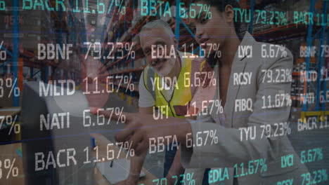 animation of data processing over people working in warehouse