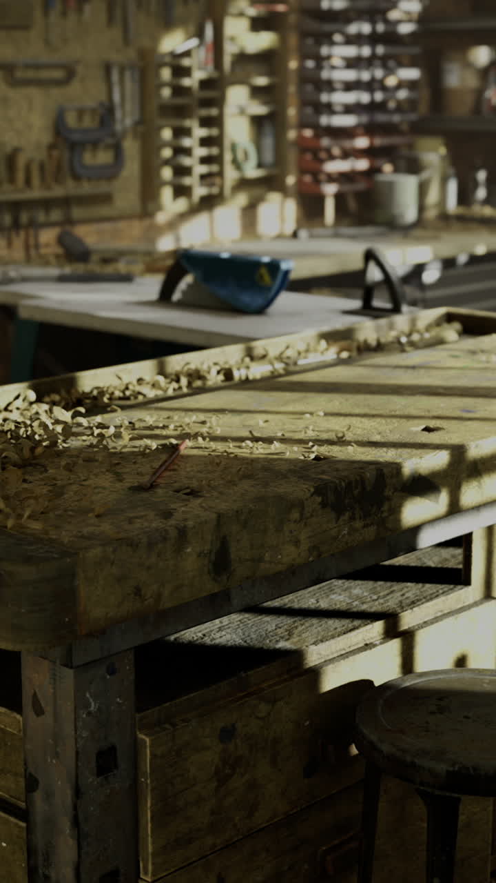 Artigiano in un laboratorio rustico che intaglia il legno con utensili manuali e luce solare