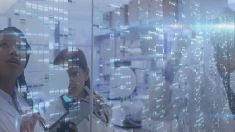 scientists analyzing data with digital dna strand animation overlay in laboratory