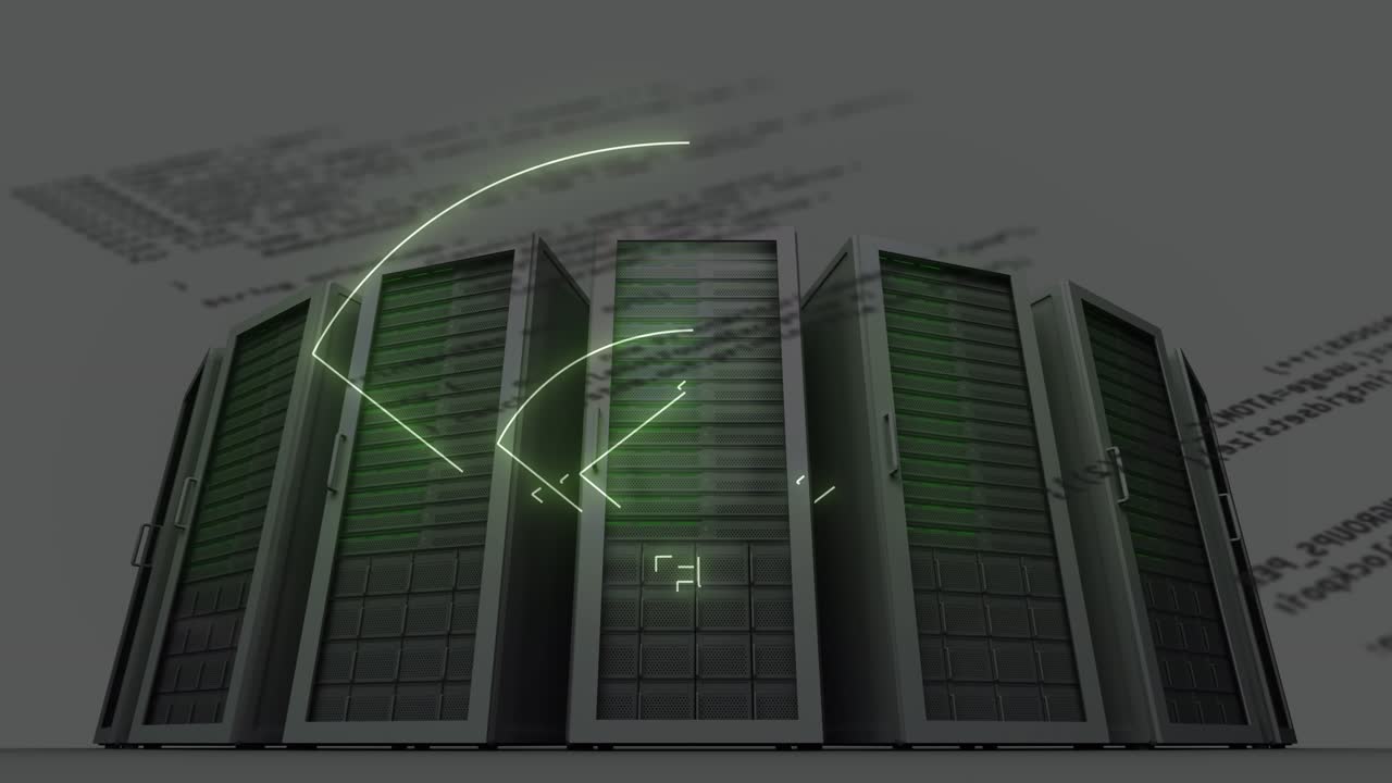Animation af en neon abstrakt form og databehandling foran computerservere.