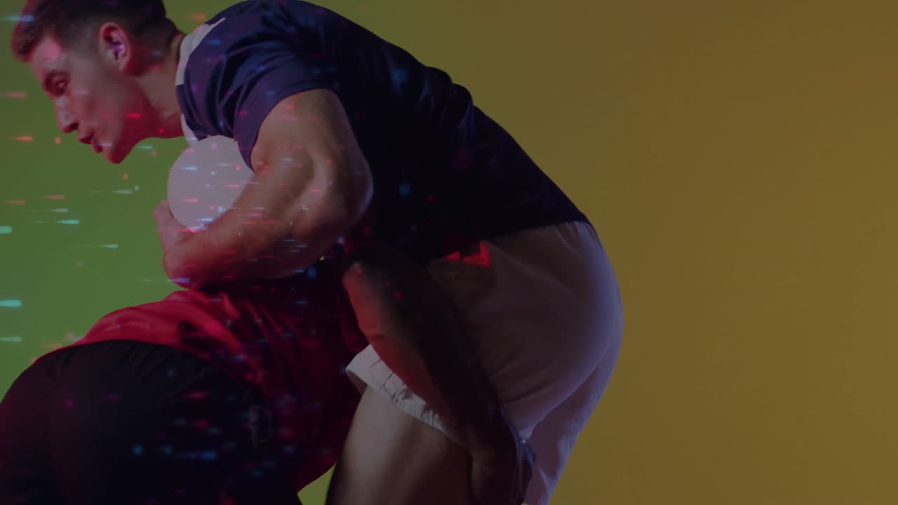 Rugby runner tucking ball and sprinting to advance, defender tackling under pulsing gradient lights