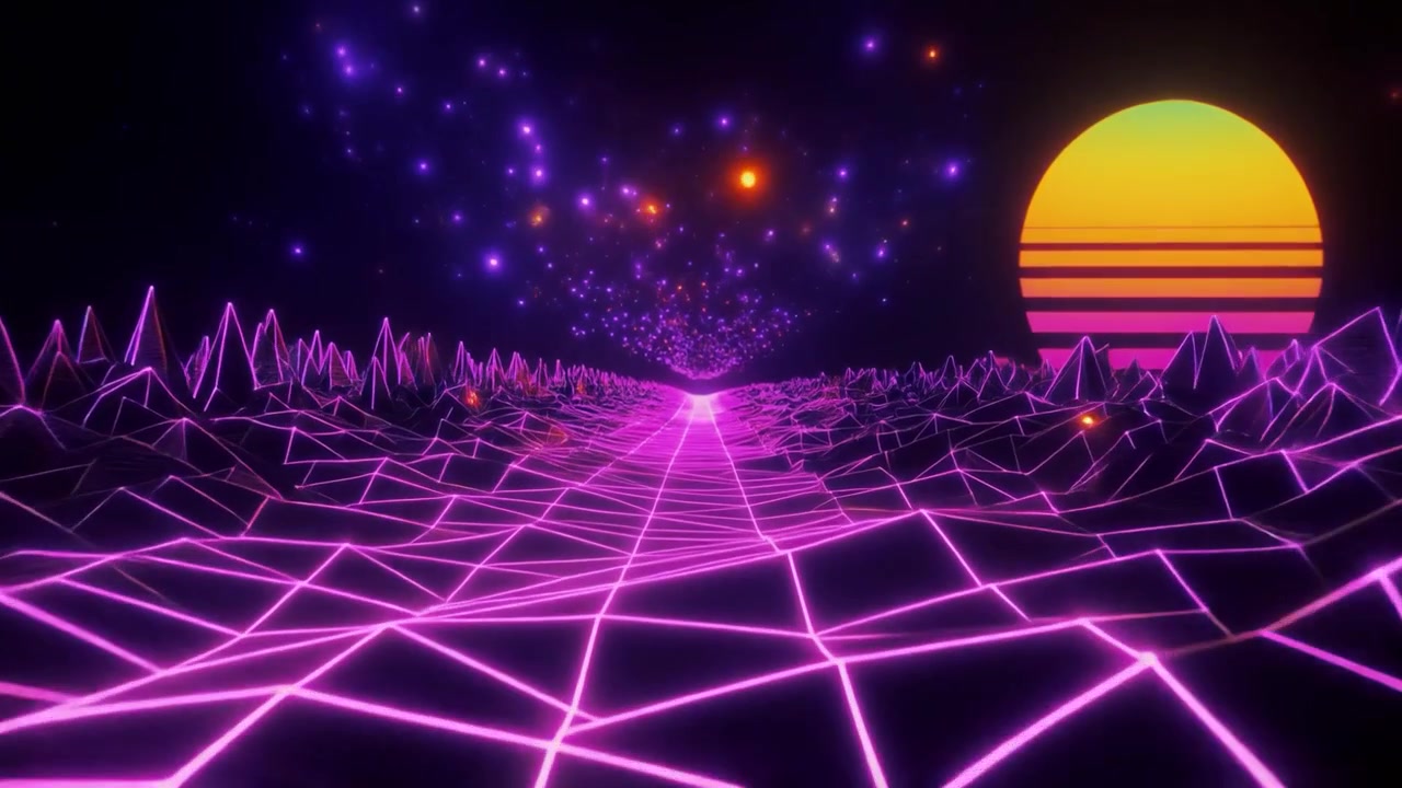 Digitaal landschap in retro synthwave-stijl met gloeiend raster en zonsondergang