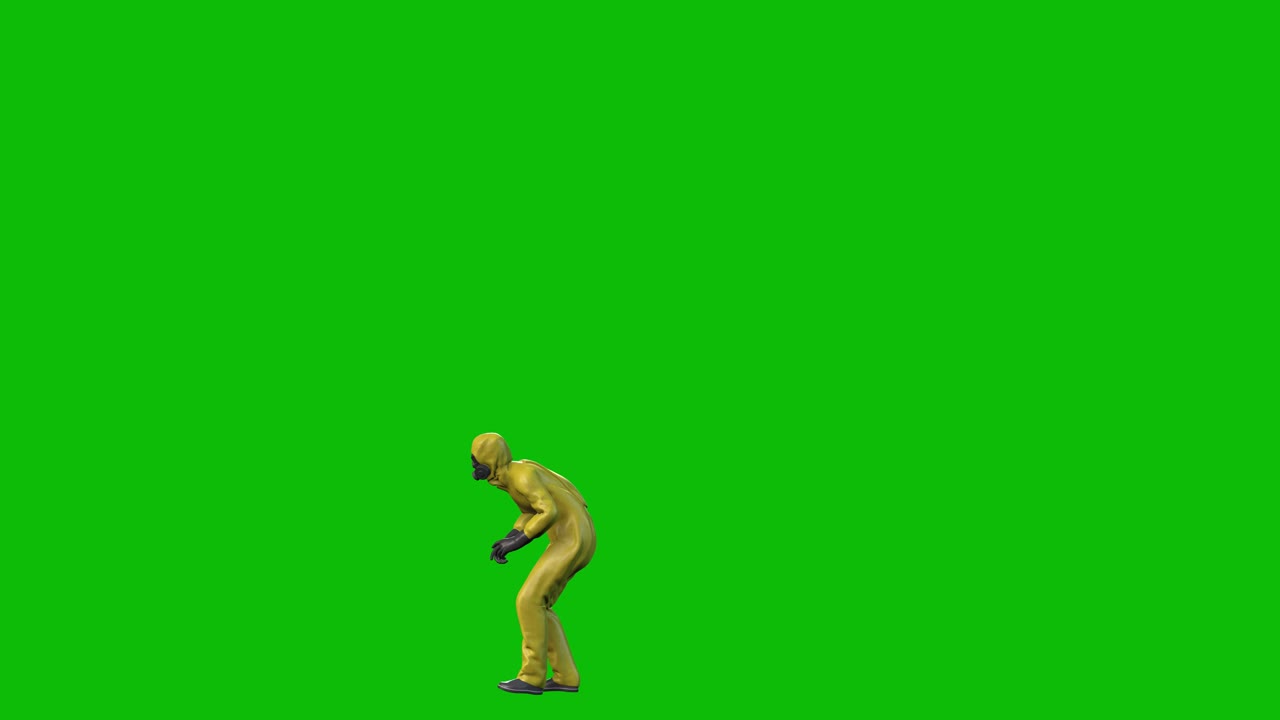 생물학적 위험, 위험복, 3d 캐릭터가 조심스럽게 걸어가고 두려워하고 녹색 스크린에서 떨어지는 측면 뷰, 3d 애니메이션