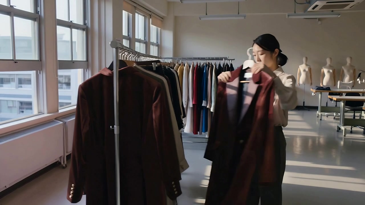 Donna in camicetta che esamina uno stendino in studio, prendendo una giacca bordeaux e portandola al suo spazio di lavoro