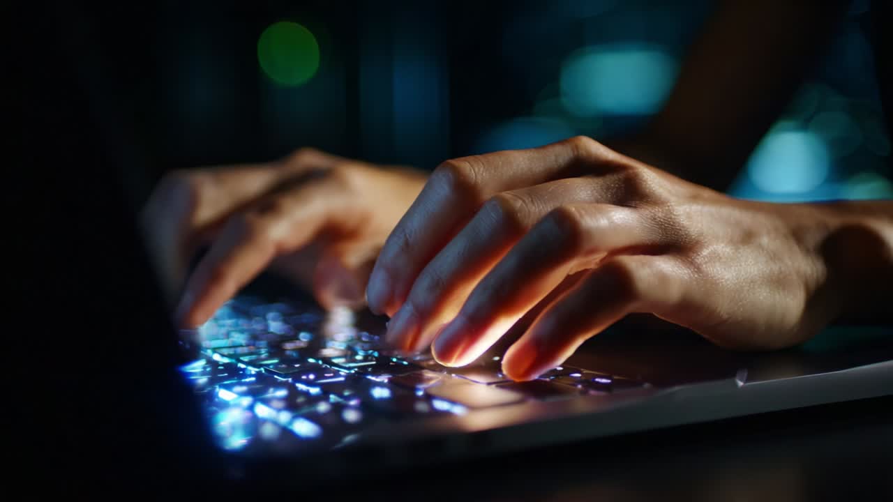 A Close-Up of Focused Hands Typing on a Laptop Keyboard in a Darkened Room, Illuminated by the Glowing Keys, Capturing the Essence of Digital Interaction and Creative Processes within Technology