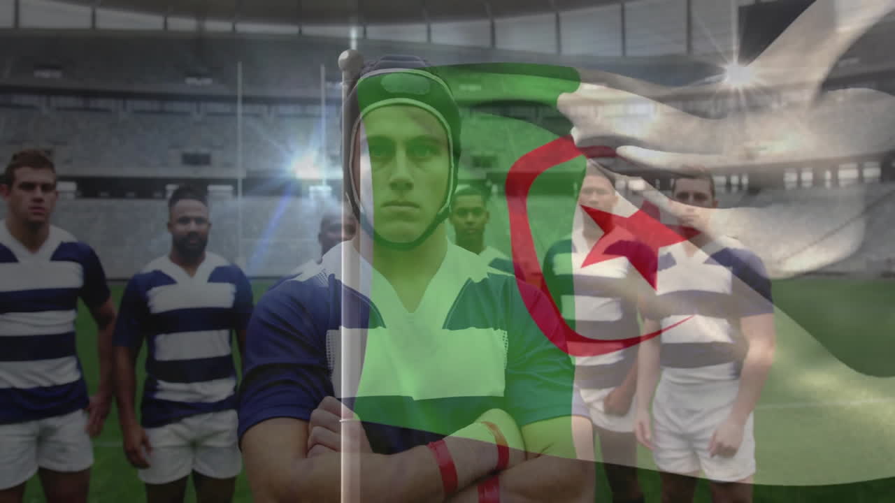 In stadium, rugby players in striped uniforms with animation of Algerian flag