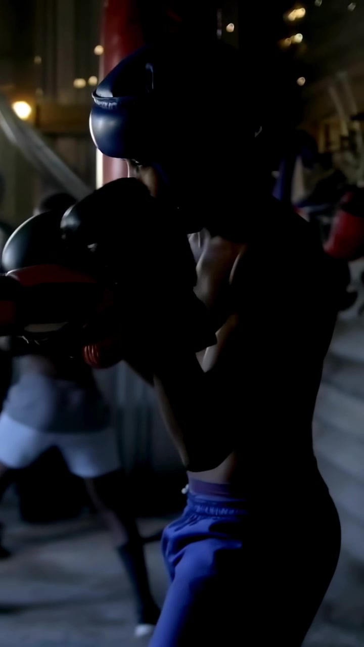 Video verticale: Un allenatore solleva i guanti da passata, mentre un pugile in allenamento sferra jab e si allena in palestra con il caschetto.