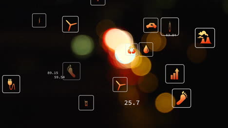 Animation-of-eco-icons-data-processing-over-out-of-focus-city-lights