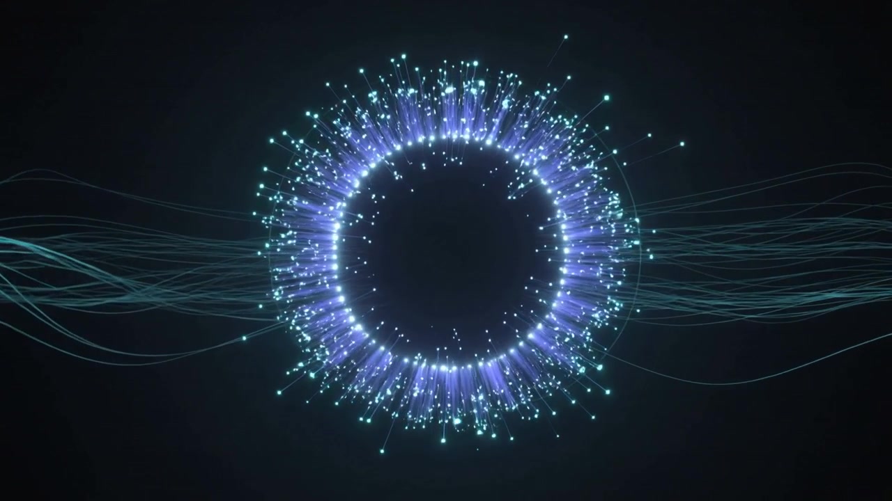 Starting play violet ring growing on dark backdrop, building cyan mote halo, teal ribbons flowing