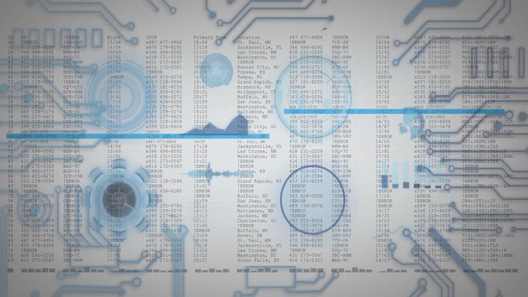 Animation of scopes scanning and data processing on screen over white background