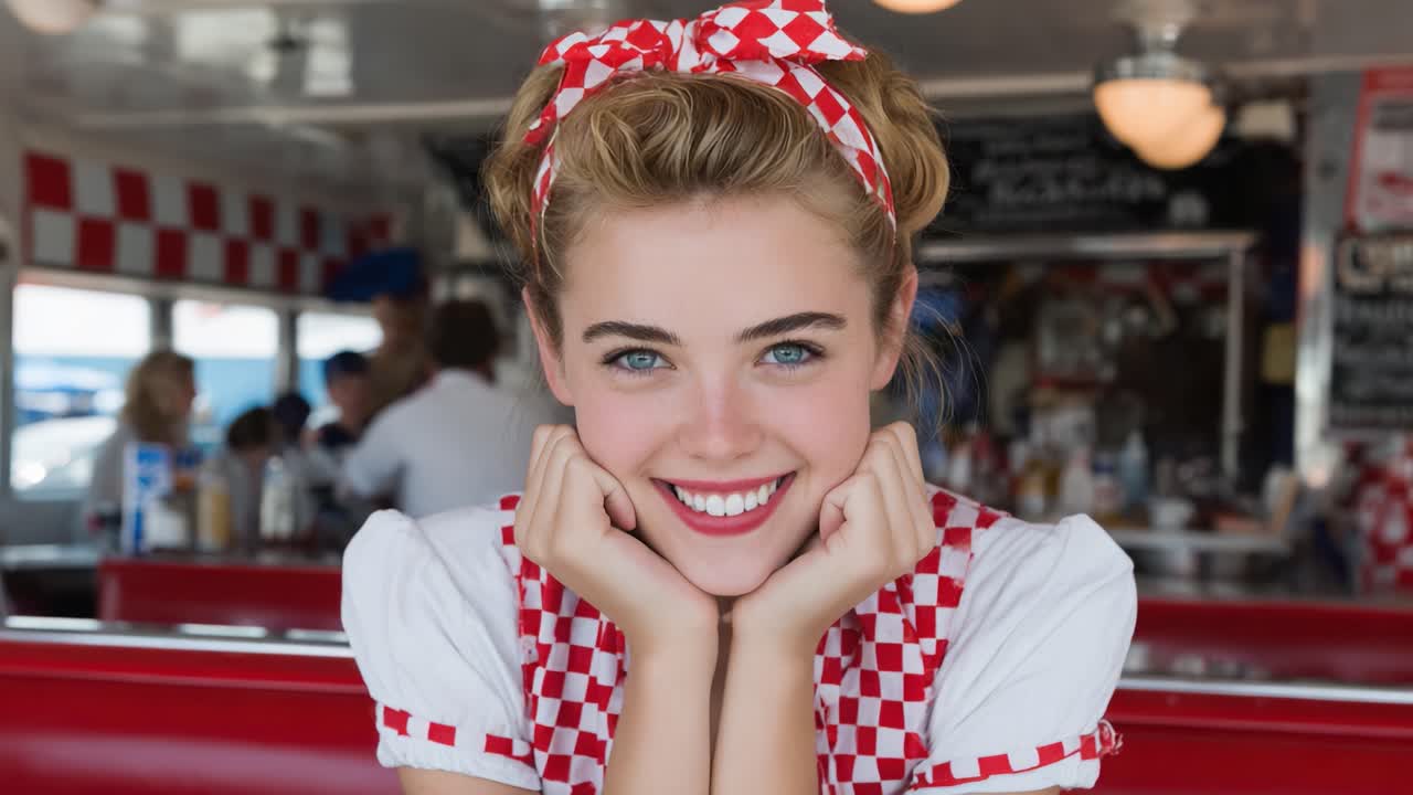 A Cheerful Diner Waitress Smiling Brightly with a Playful Expression, Capturing the Spirit of Nostalgic Americana in a Classic Diner Setting