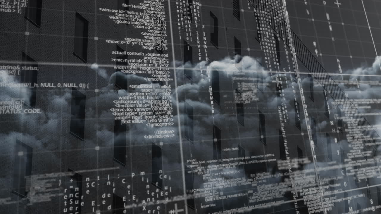 Animation of data processing on grid over building and clouds