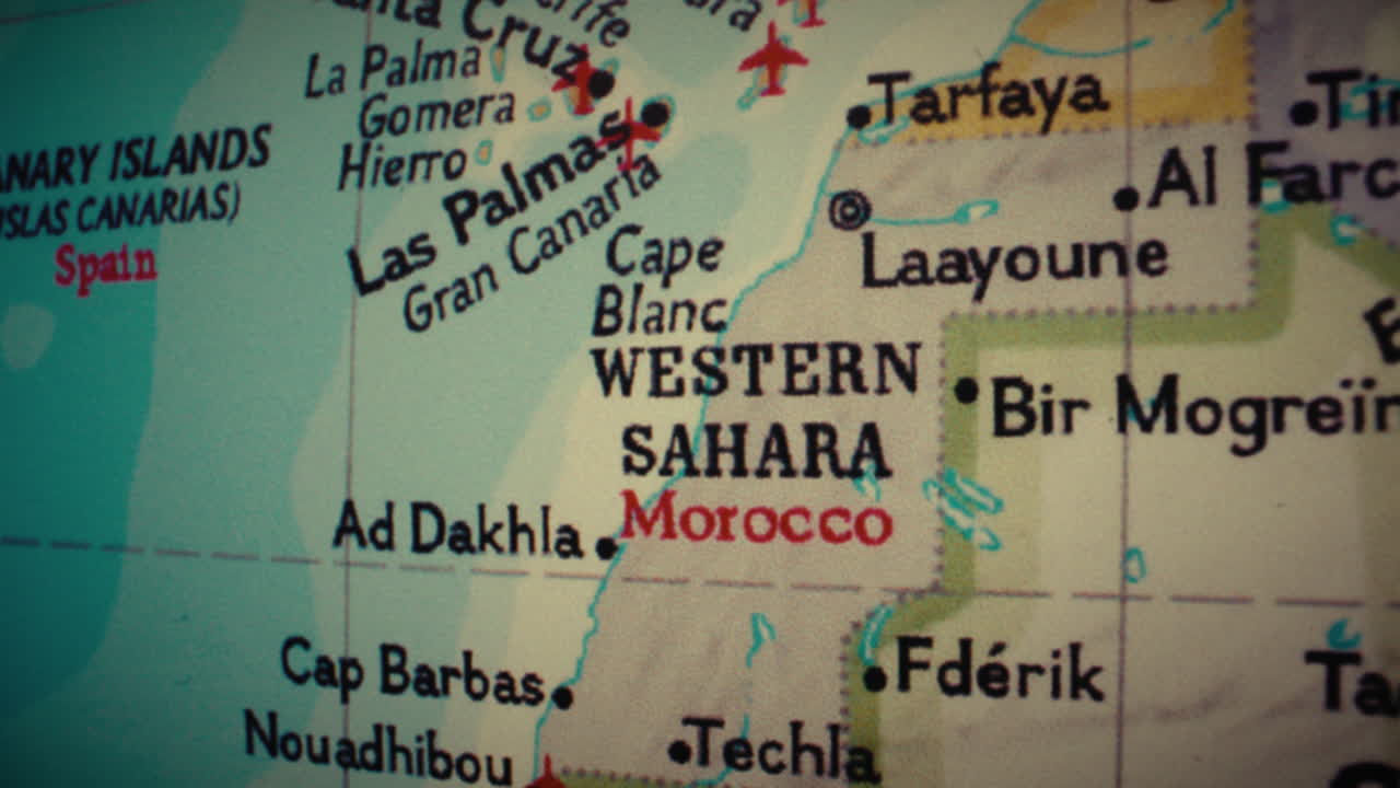 Close-up of a map showing Western Sahara, Morocco, and the Canary Islands
