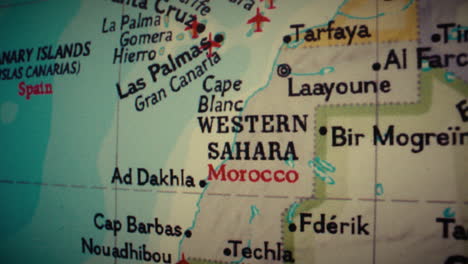 close-up of a map showing western sahara, morocco, and the canary islands