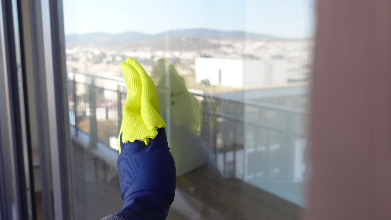 limpiando una ventana con un paño amarillo y guantes azules.