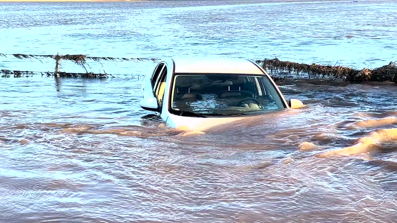 Cars stranded in heavy flood waters Premium Stock Video Footage