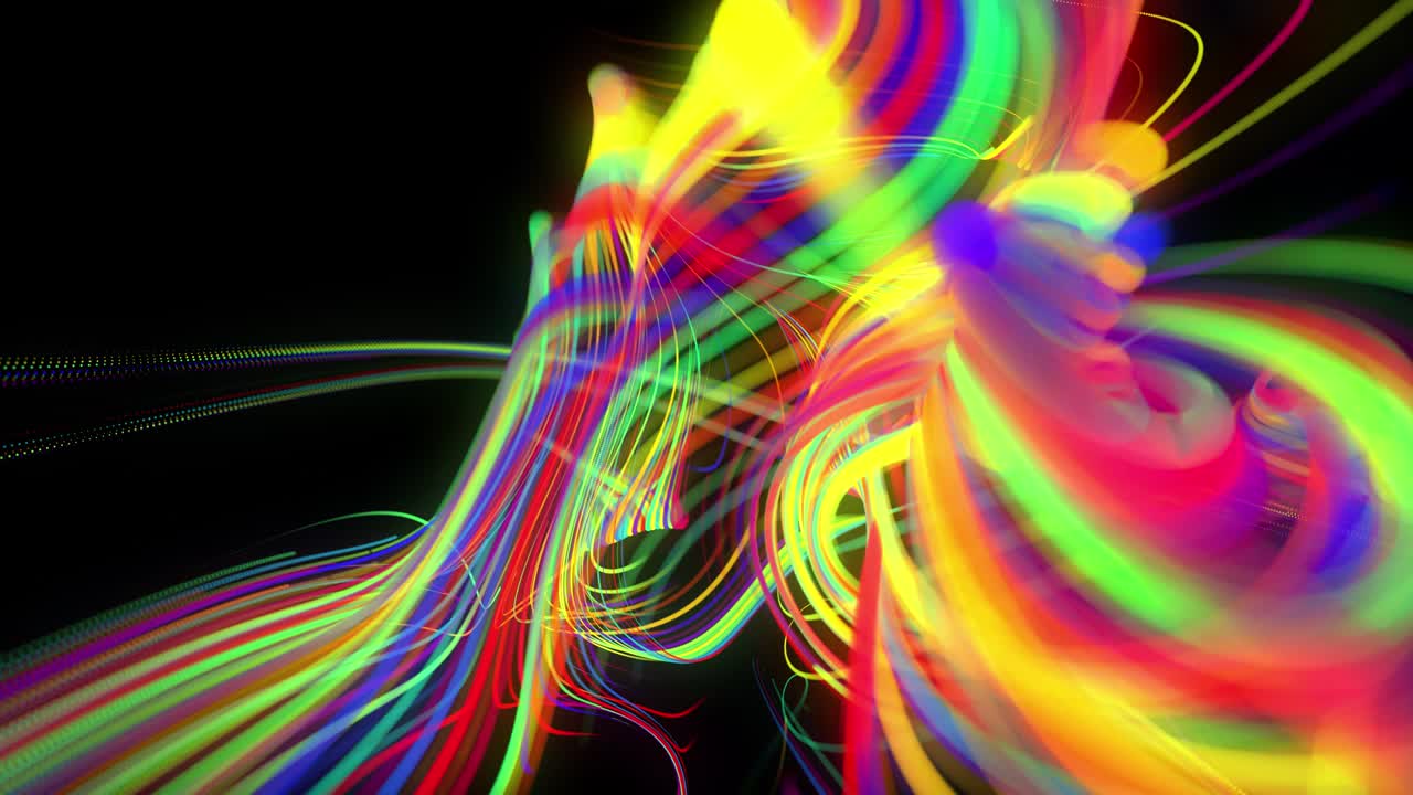 el flujo de fondo abstracto de líneas de brillo o rayas de luz. las partículas de luces en funcionamiento se forman en el espacio 3d brillando hermosas líneas curvas como una bola de alambres quemándose con luz de neón. hermoso bg creativo.