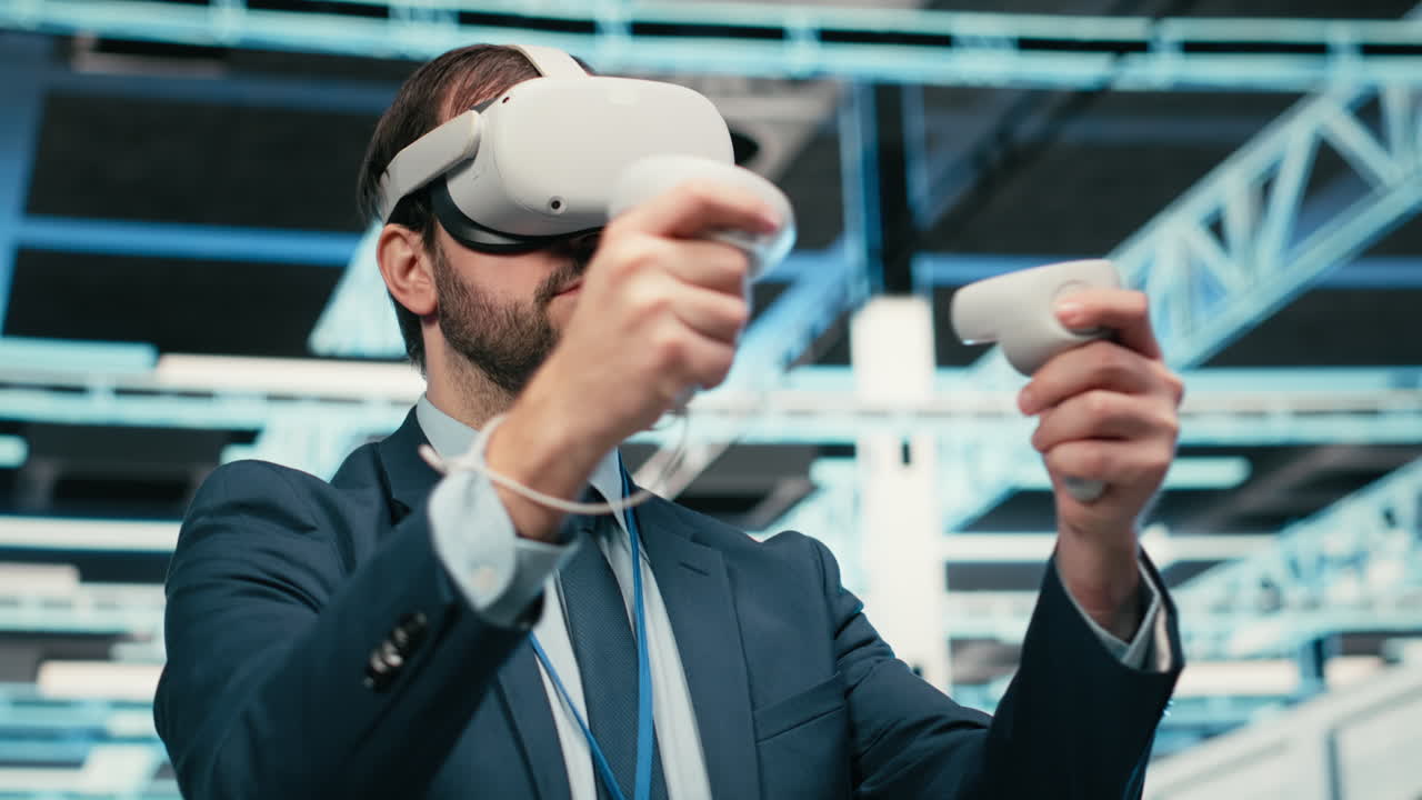 Businessman Using VR Headset and Controllers in a Virtual Environment