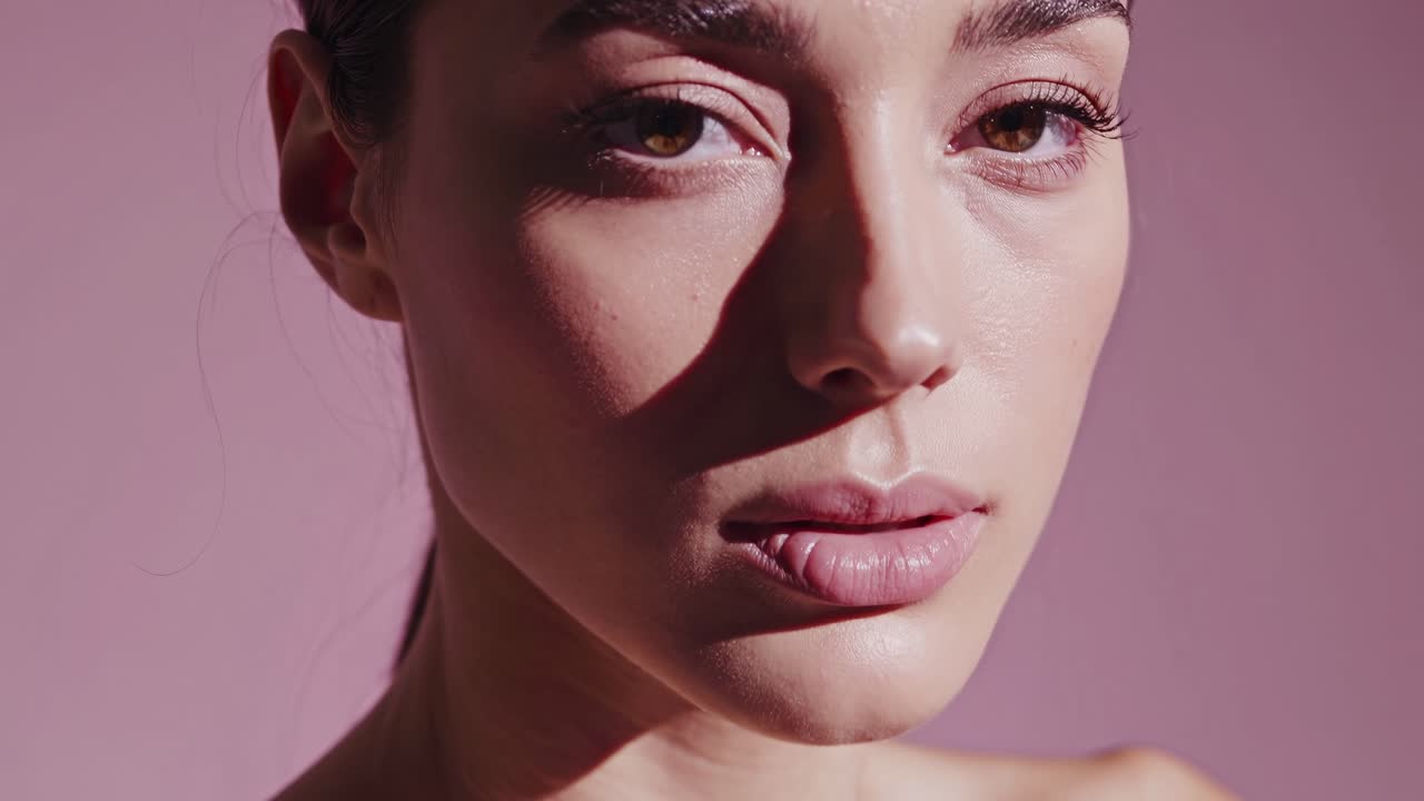 Close-up video shot of a serene woman with closed eyes against a soft pink background