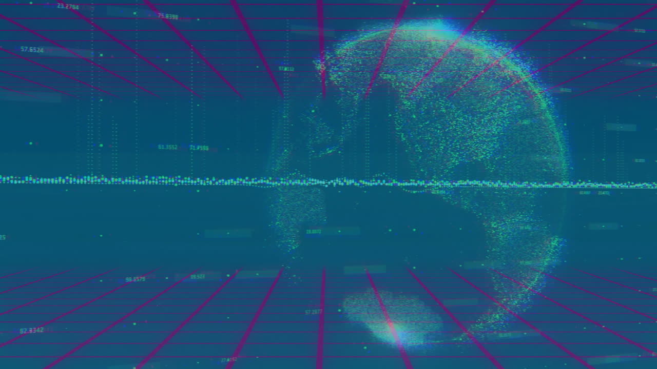 Animation of digital globe with data points and grid lines, showcasing technology