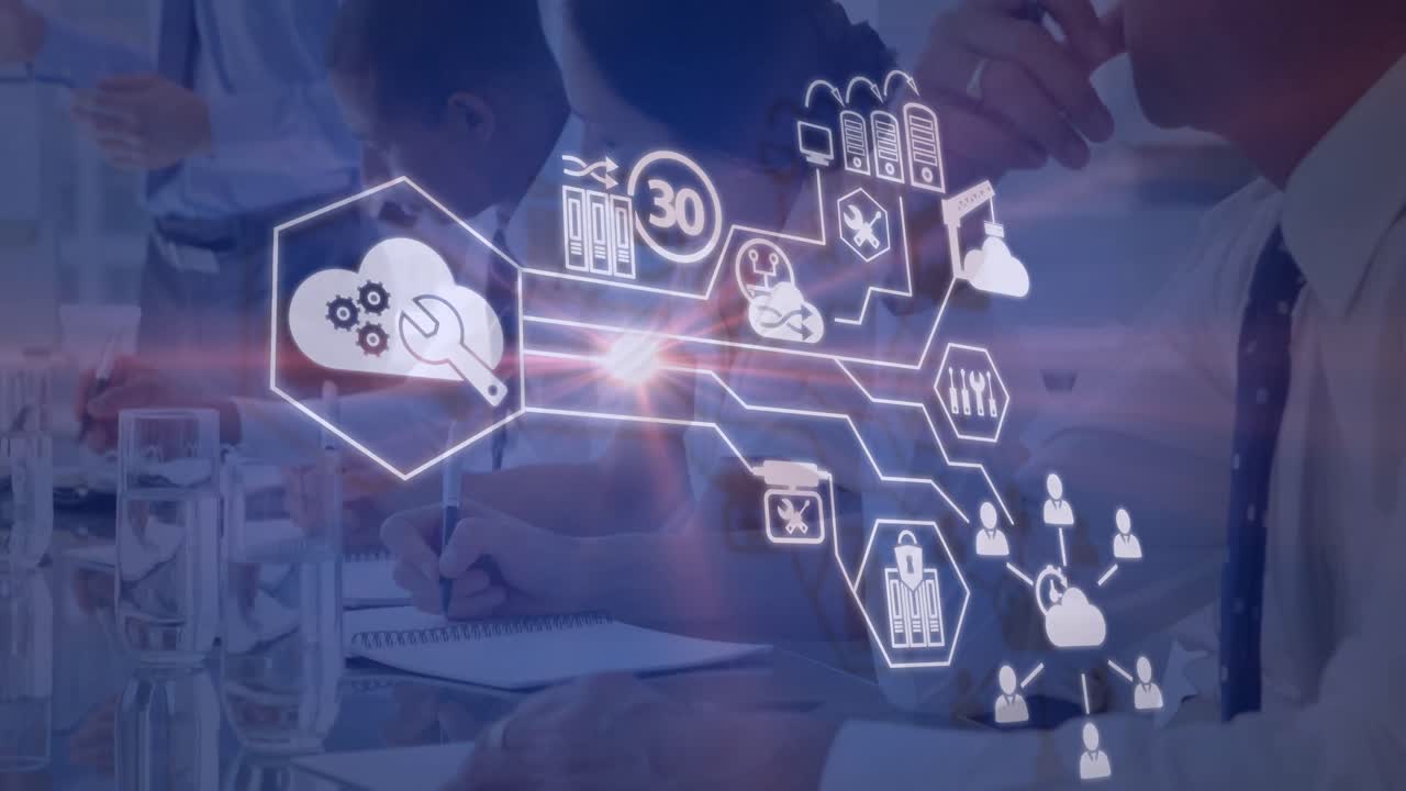 animación de iconos financieros sobre un grupo diverso de personas de negocios