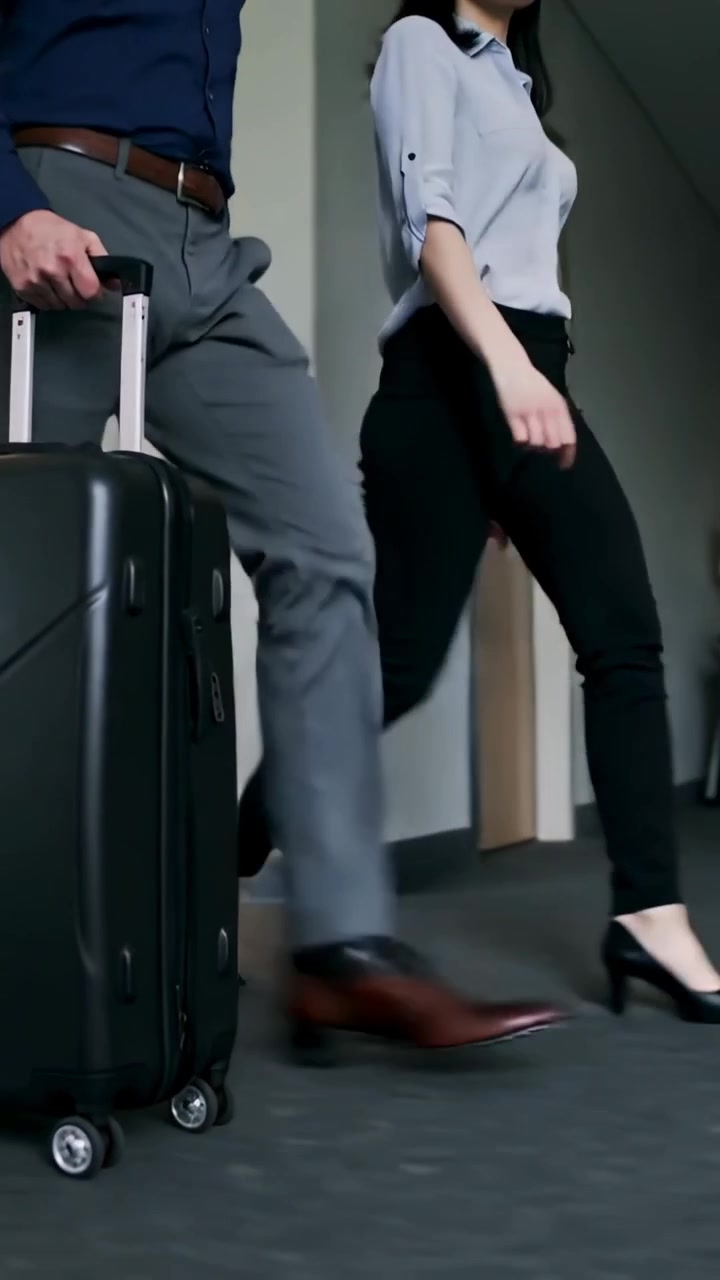 Video vertical: Entrando por la derecha, una pareja en trajes tirando de un maletín y sosteniendo una tarjeta, caminando por un pasillo de oficina.