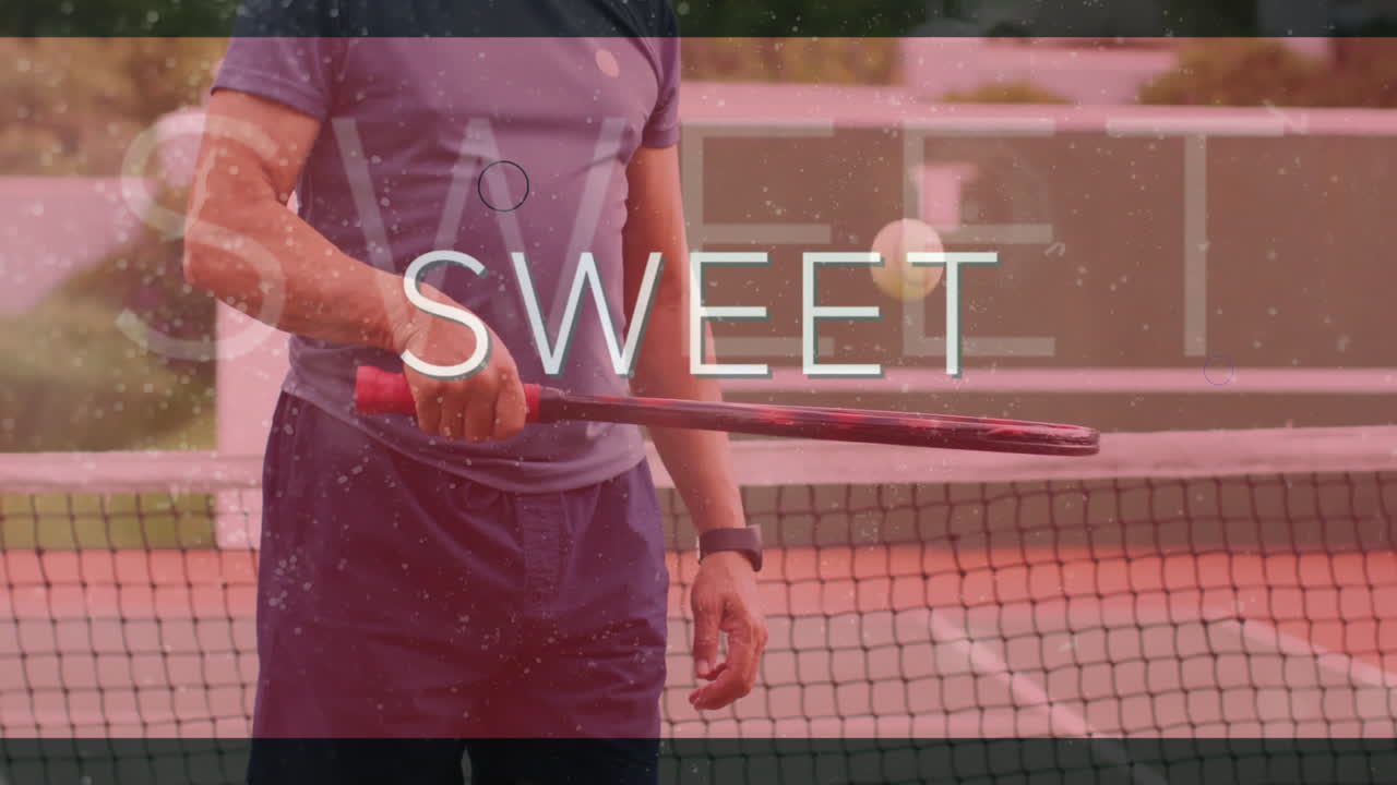 Male tennis player swinging racket on clay court showing animated ball icon with tech data chart