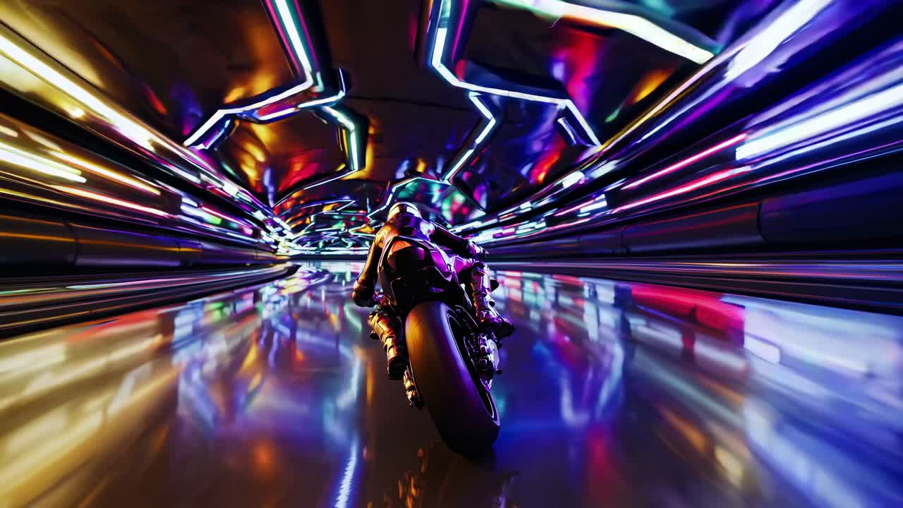 Inquadratura dinamica dal basso di una motocicletta che sfreccia in un tunnel illuminato al neon, creando un effetto futuristico