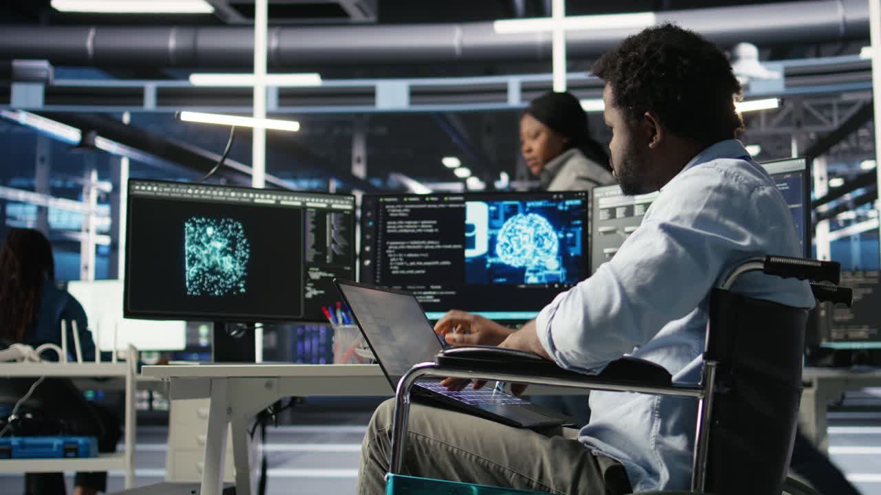 Data center computer scientist in wheelchair using AI node tree software