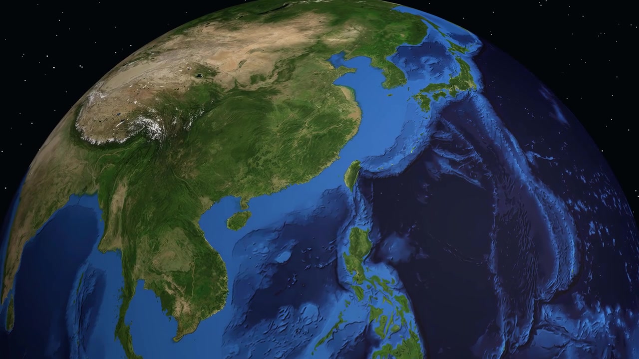 Digital animation zoomer ind fra det ydre rum til en mærket lokationsmarkør over Shantou, Kina