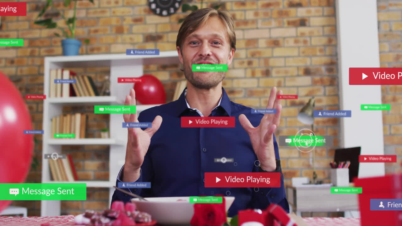 Man gesturing at camera in office, showcasing floating notifications and gift box for marketing