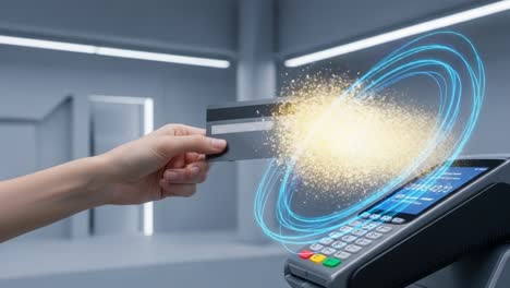 an innovative payment experience: a hand holding a credit card interacts with a modern payment terminal, showcasing cutting-edge technology and digital transactions.