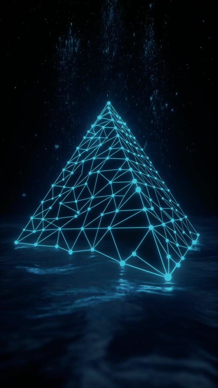 Piramide Digitale Luminosa che Fluttua Sopra una Superficie d'Acqua Scura