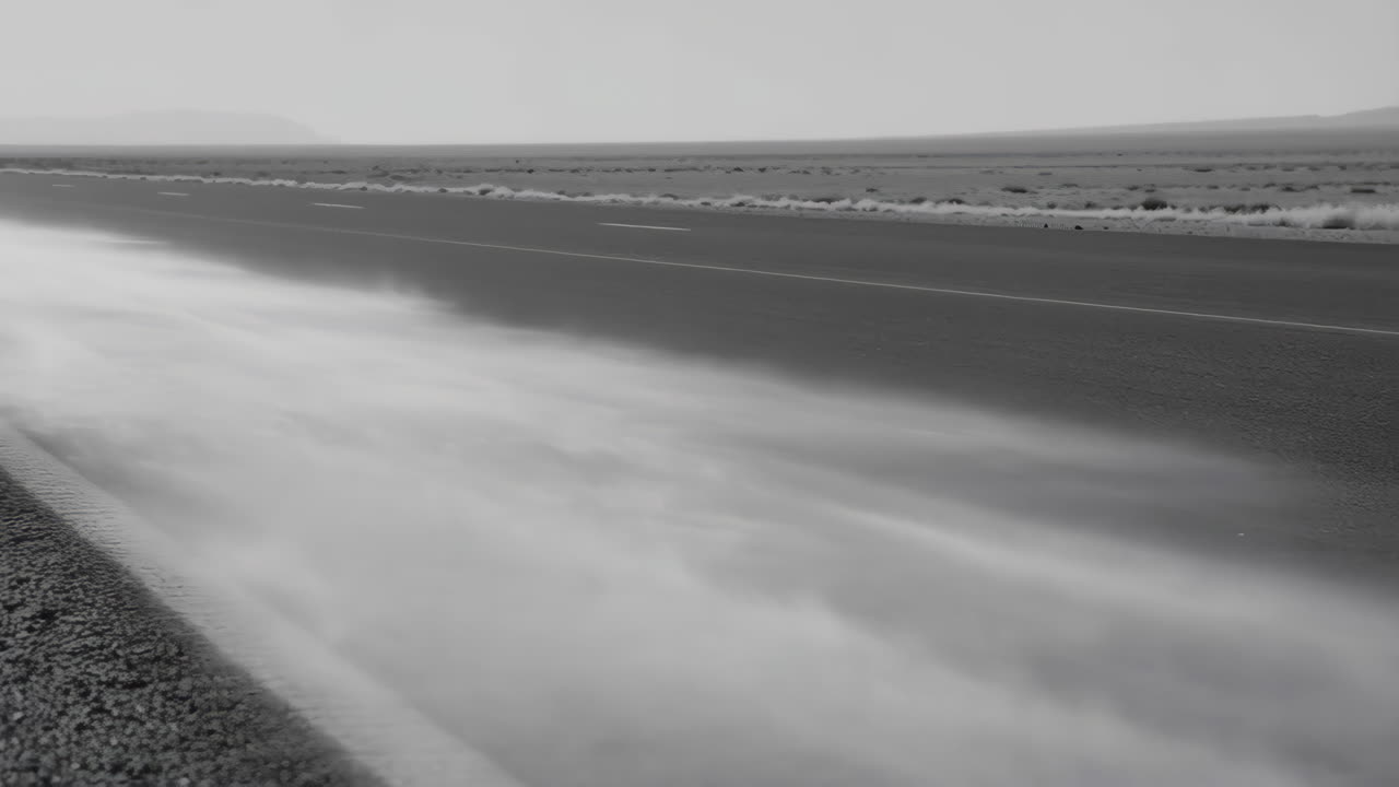 Dust and sand blowing across a desolate desert road in black and white