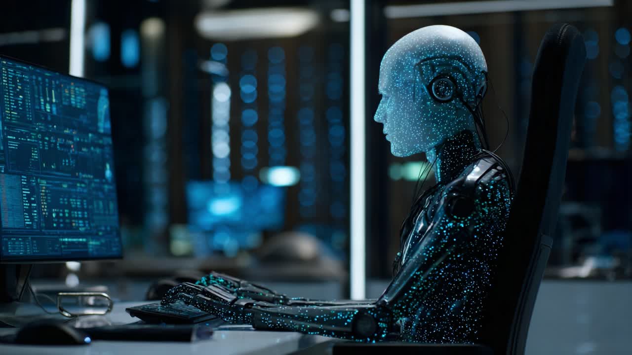 A futuristic robot interface reveals a digital landscape, showcasing artificial intelligence engaged in complex data analysis and computational tasks in a high-tech environment