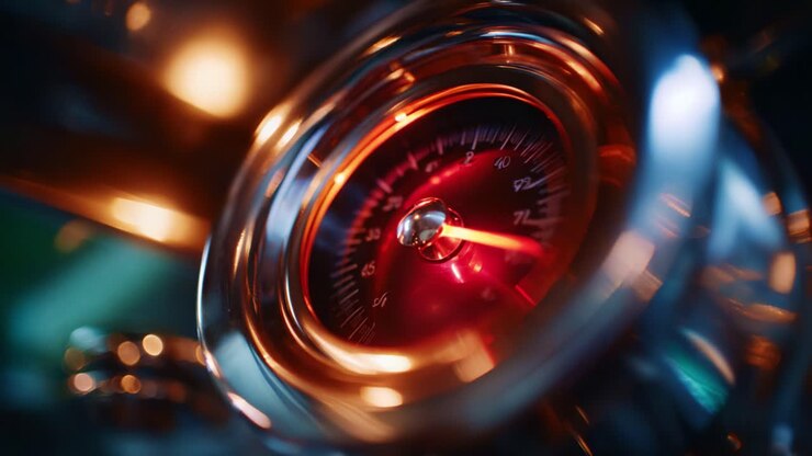 Close-Up of a Vintage Gauge Showing Measuring Scale with a Red Background and Elegant Design, Highlighting Intricate Details of the Instrument