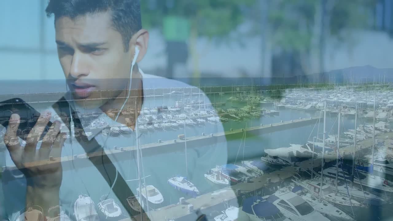 도시 풍경 위에서 스마트폰을 사용하는 사람의 애니메이션