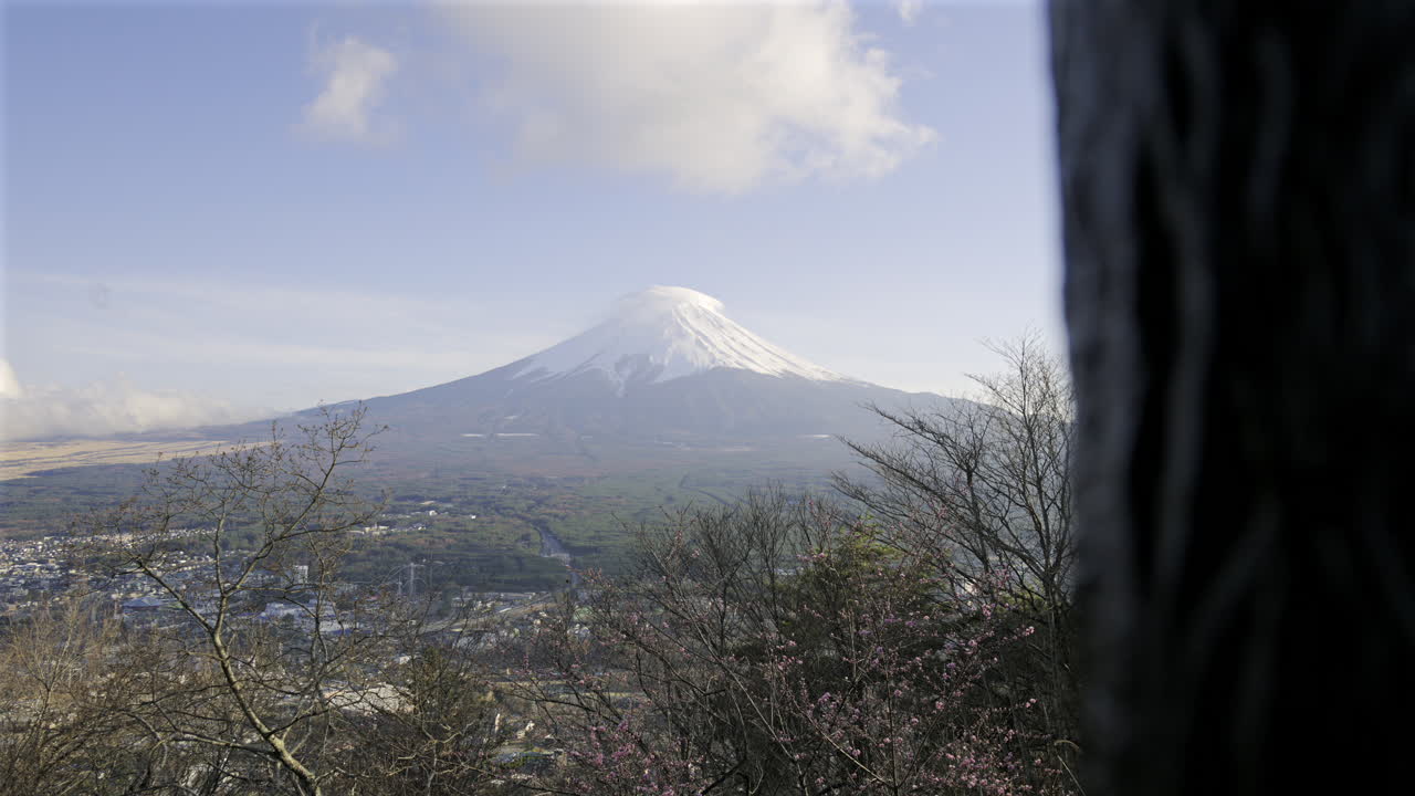 View of Mount Fuji from a vantage point framed by wooden beams. A tranquil atmosphere showcases the beauty of nature in Japan