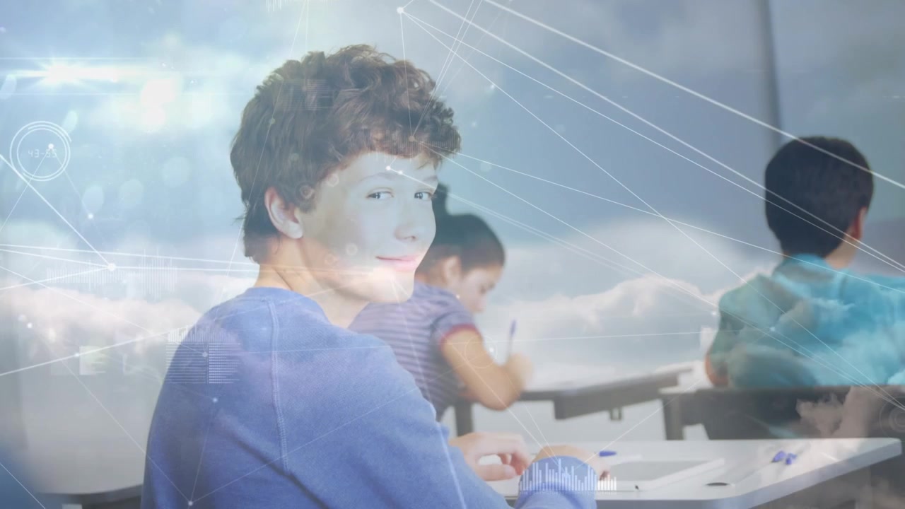 教室里，学生转身微笑，叠加数字数据。