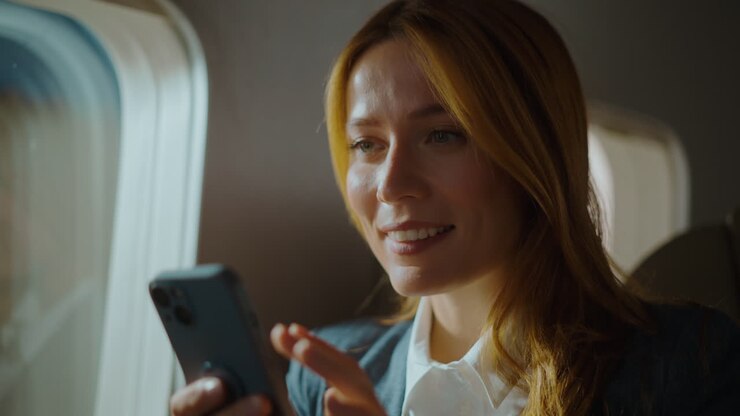 Businesswoman using phone on airplane