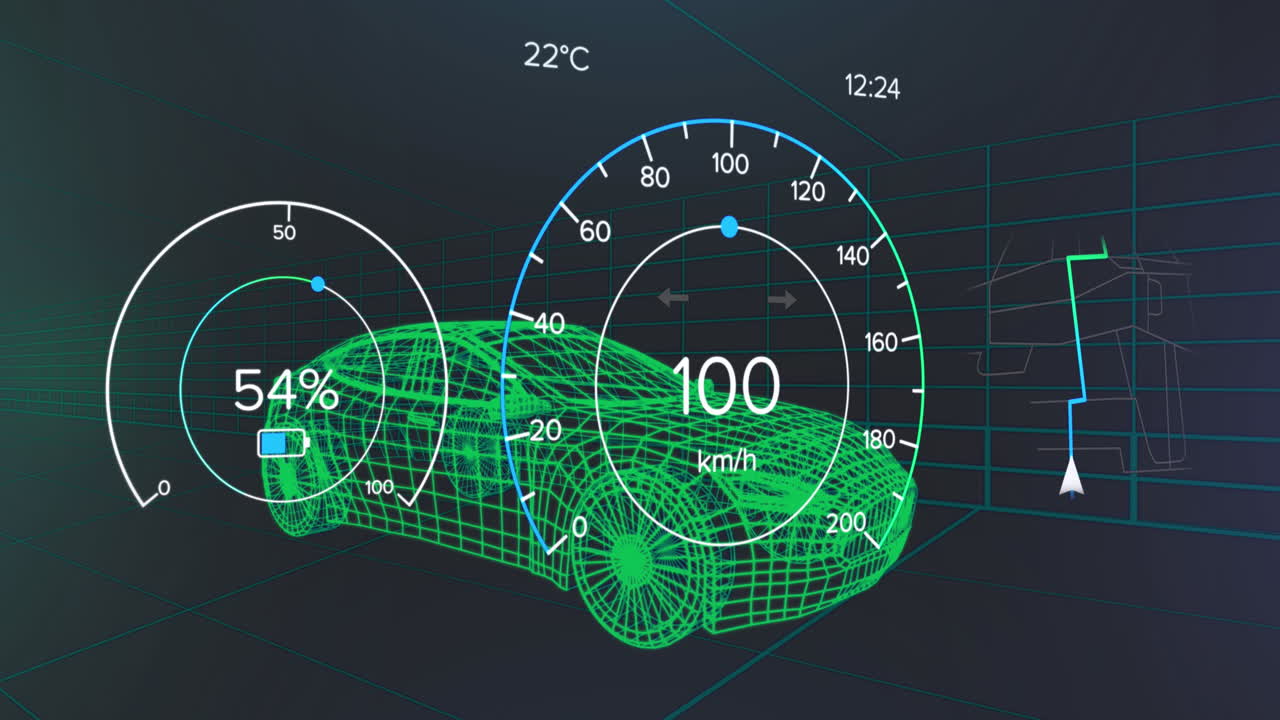 Animation of speedometer data processing over 3d car drawing
