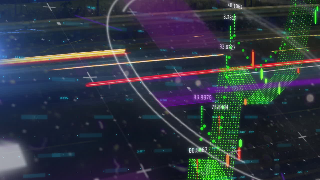 검은색 배경에 글리치, 프로세싱 서클 및 금융 그래프 및 데이터의 애니메이션